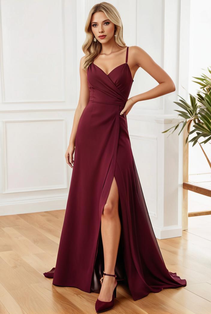 pleated v neck spaghetti strap high slit bridesmaid dress 134657