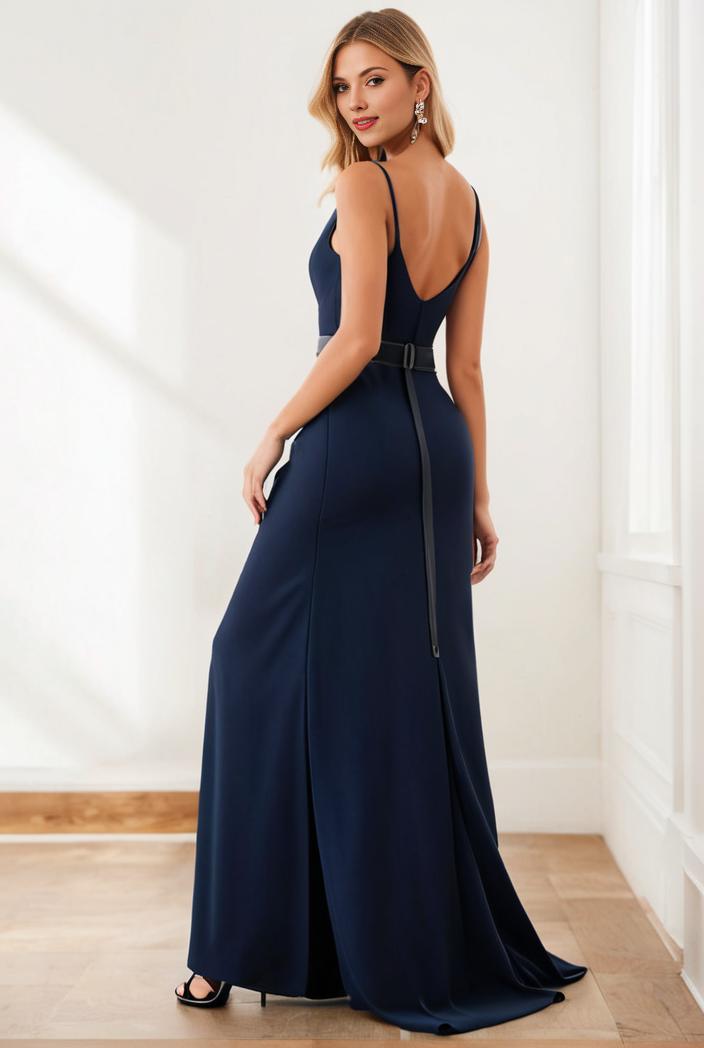 pleated v neck spaghetti strap high slit bridesmaid dress 134666