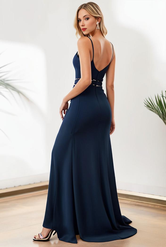 pleated v neck spaghetti strap high slit bridesmaid dress 134669