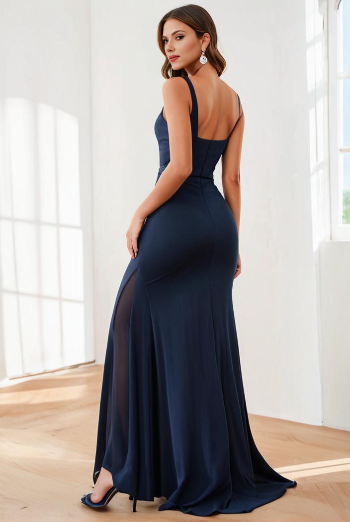 pleated v neck spaghetti strap high slit bridesmaid dress 134672