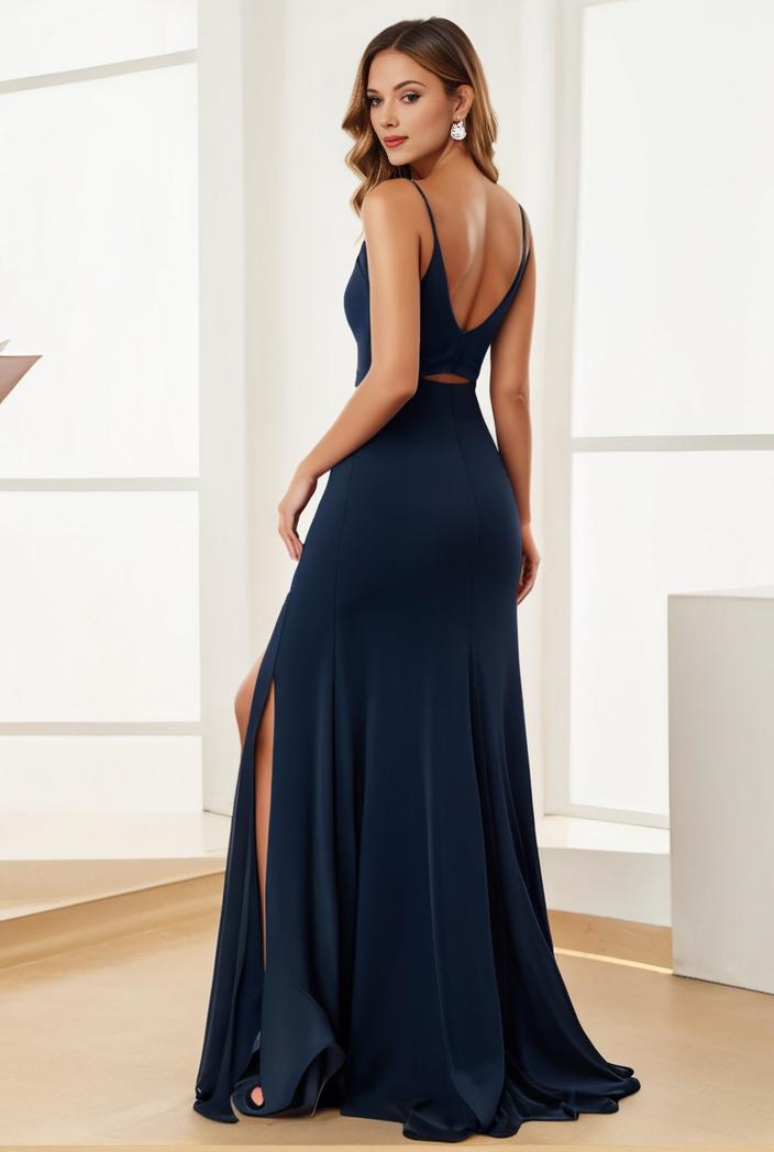 pleated v neck spaghetti strap high slit bridesmaid dress 134670
