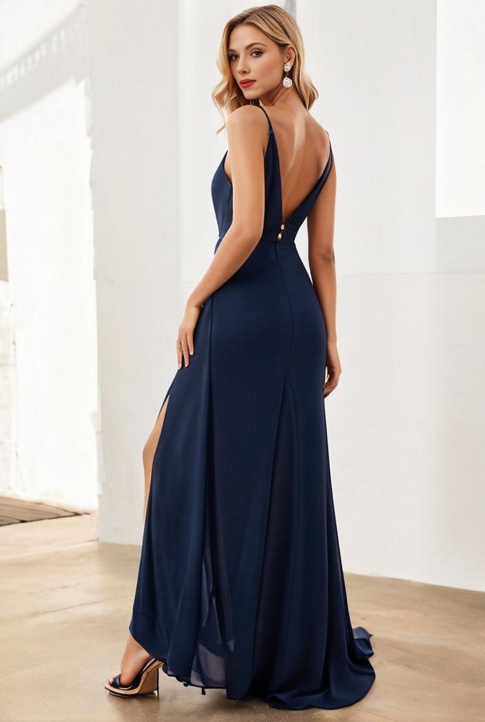 pleated v neck spaghetti strap high slit bridesmaid dress 134673