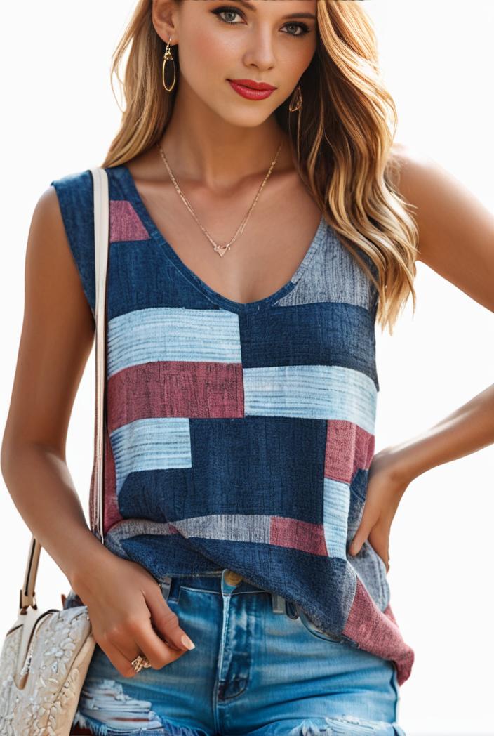 plus size casual tank top women s plus patchwork print medium stretch henley tank top 135503