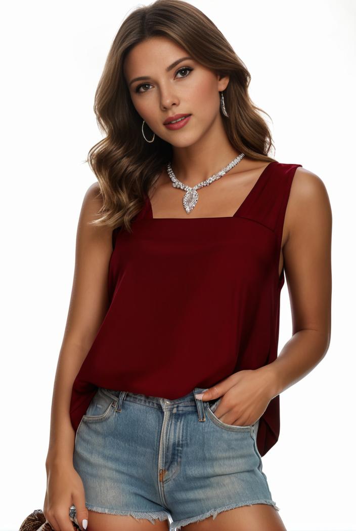 plus size casual tank top women s plus solid square neck pleated medium stretch tank top 135561