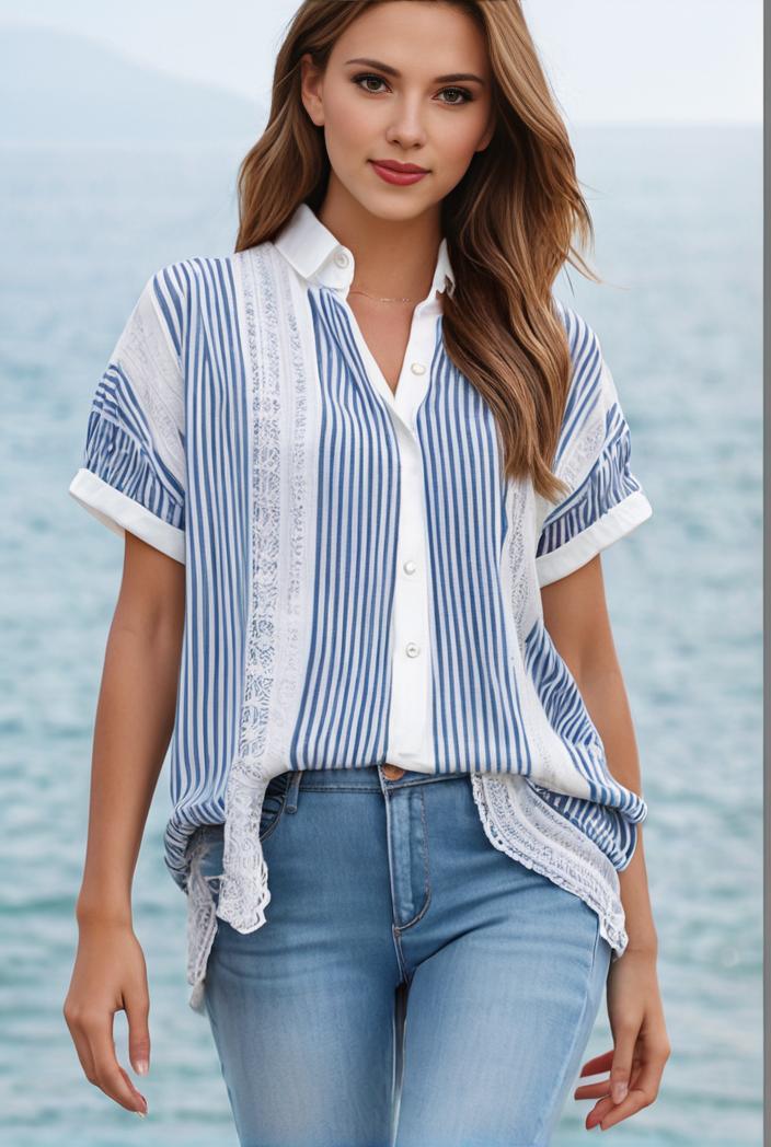 v neck thin loose plaid short sleeved blouse 105865