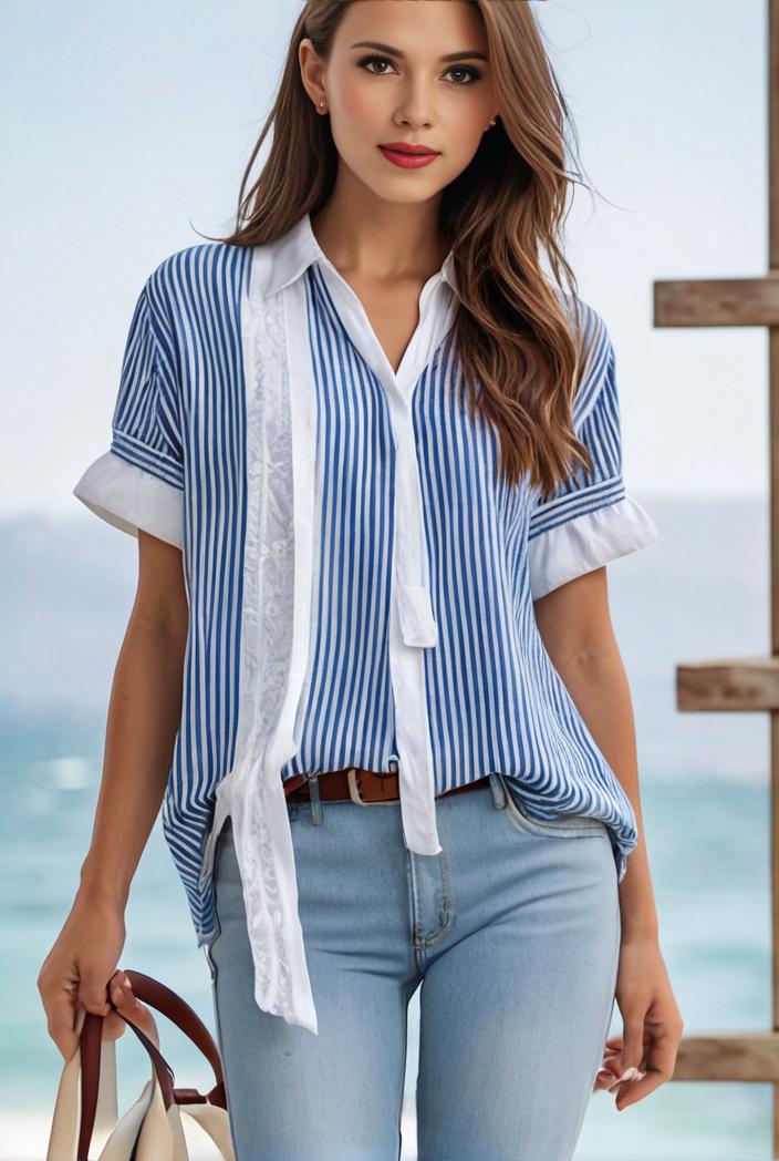 v neck thin loose plaid short sleeved blouse 105866