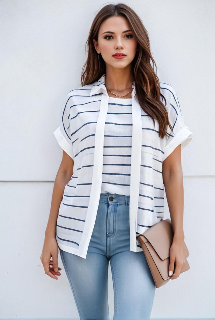 v neck thin loose plaid short sleeved blouse 105874