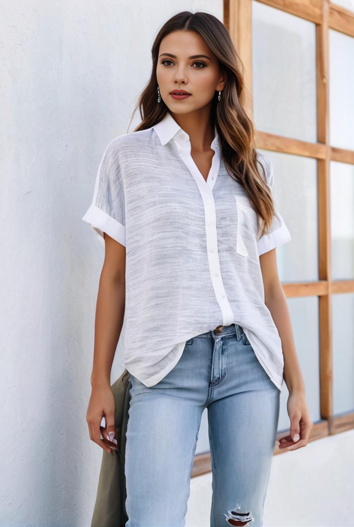 v neck thin loose plaid short sleeved blouse 105879