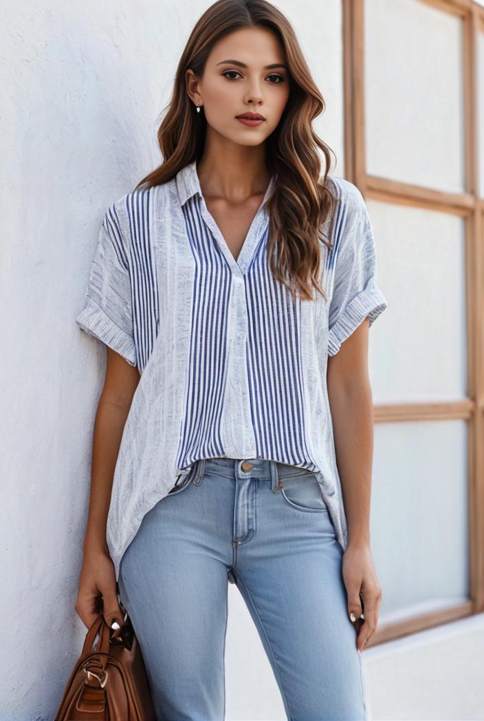 v neck thin loose plaid short sleeved blouse 105886