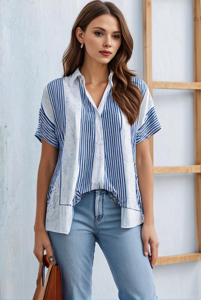 v neck thin loose plaid short sleeved blouse 105891