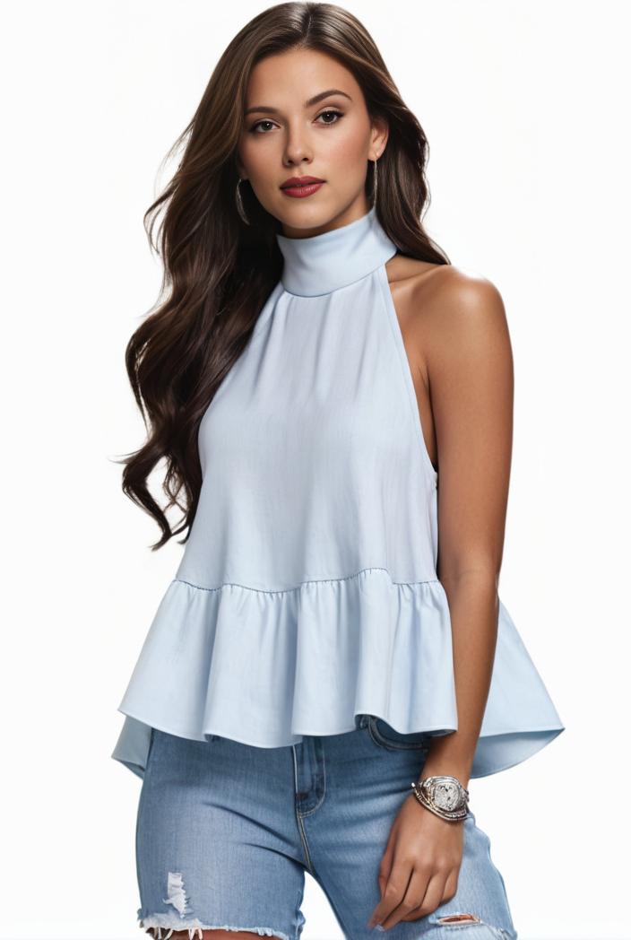 mock neck ruched ruffles sleeveless casual top 125789