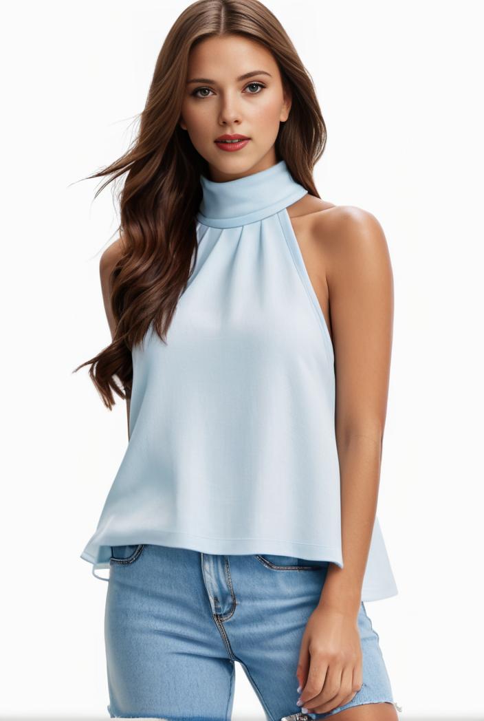 mock neck ruched ruffles sleeveless casual top 125792