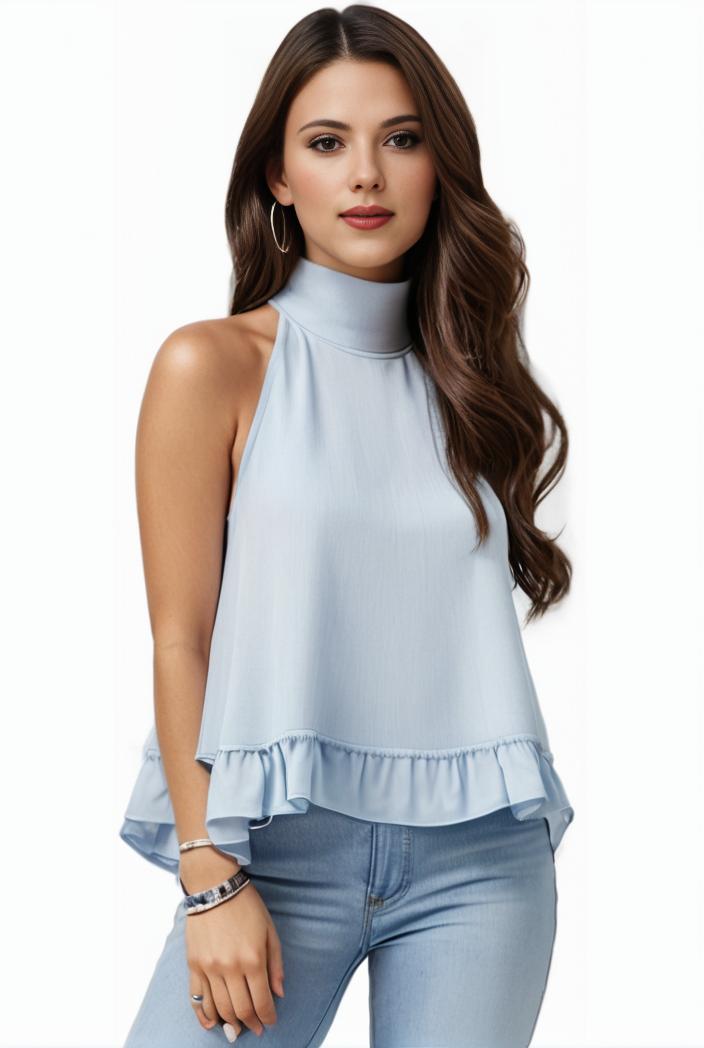 mock neck ruched ruffles sleeveless casual top 125794