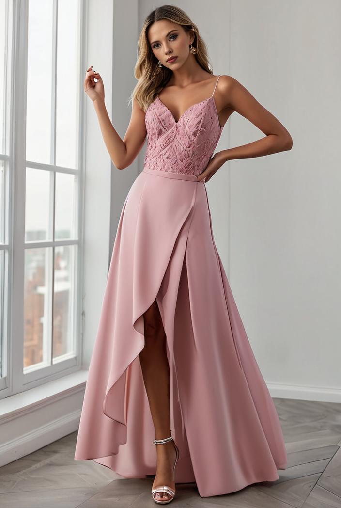 pleated v neck spaghetti strap high slit bridesmaid dress 128130
