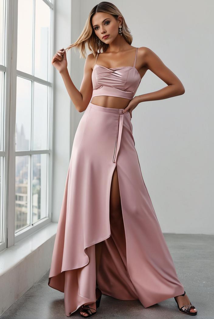 pleated v neck spaghetti strap high slit bridesmaid dress 128131