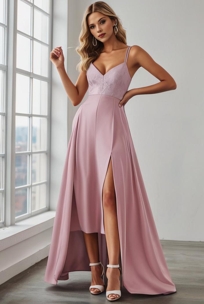 pleated v neck spaghetti strap high slit bridesmaid dress 128136