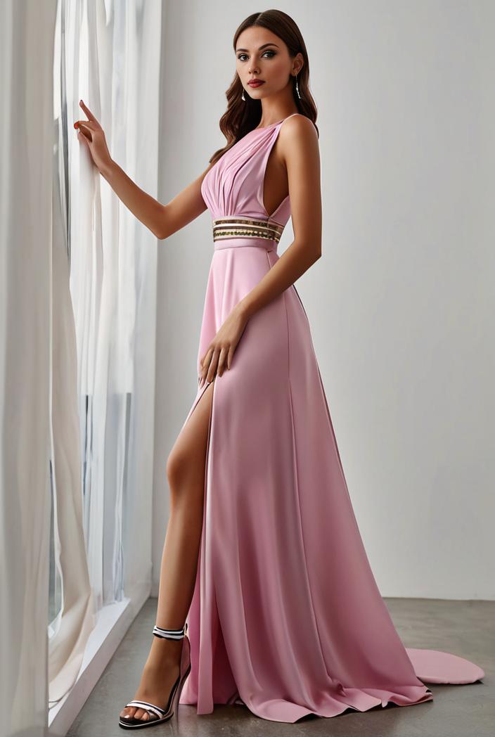 pleated v neck spaghetti strap high slit bridesmaid dress 128148