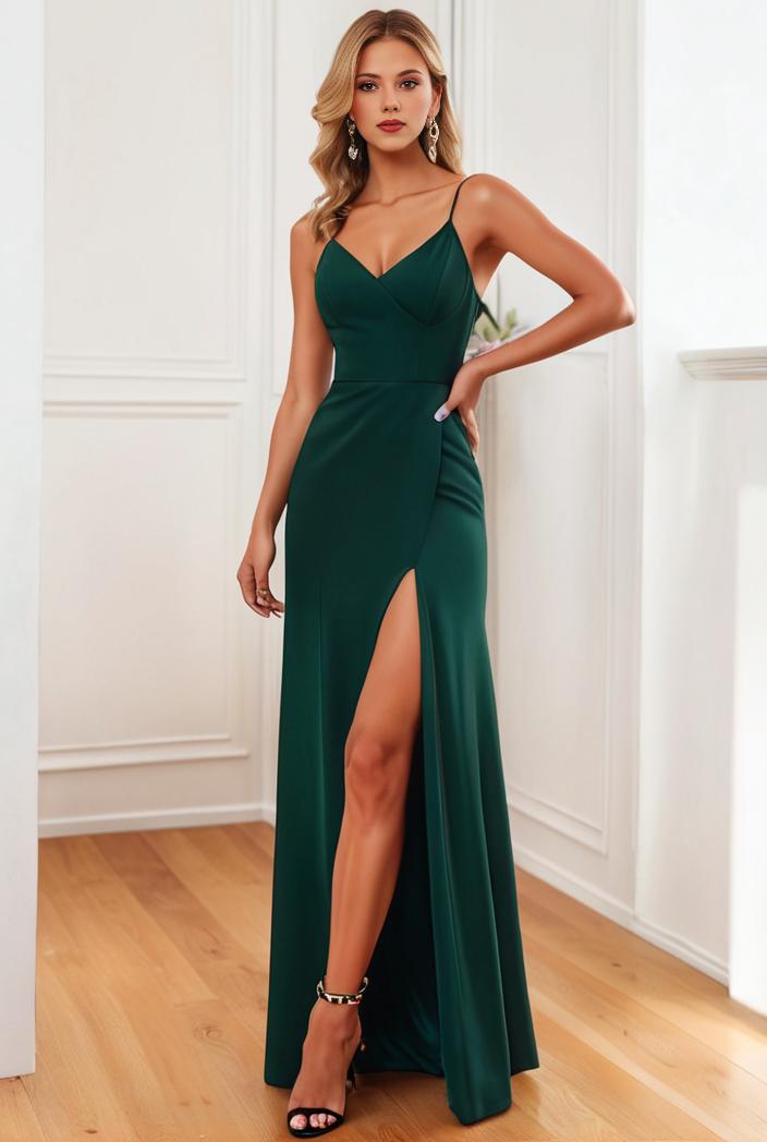 pleated v neck spaghetti strap high slit bridesmaid dress 128158