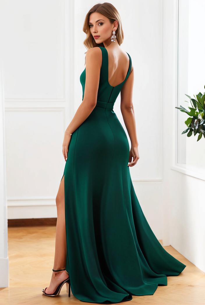 pleated v neck spaghetti strap high slit bridesmaid dress 128166