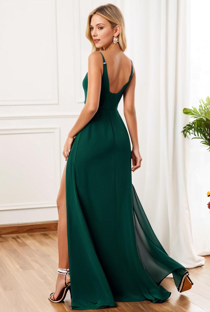 pleated v neck spaghetti strap high slit bridesmaid dress 128167