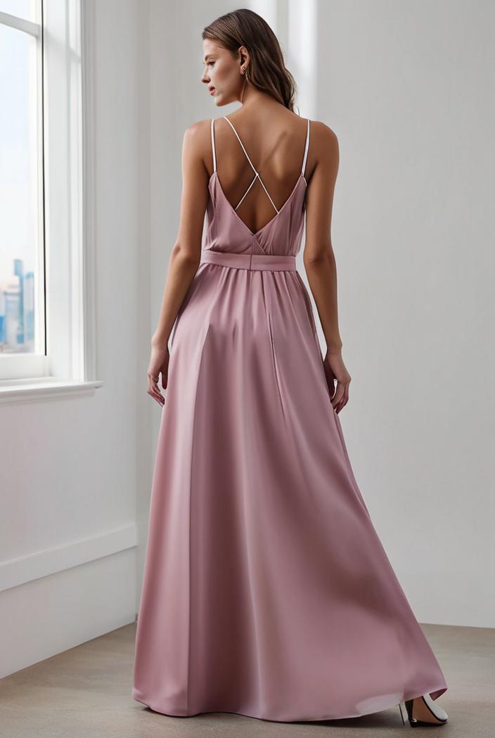 pleated v neck spaghetti strap high slit bridesmaid dress 128181