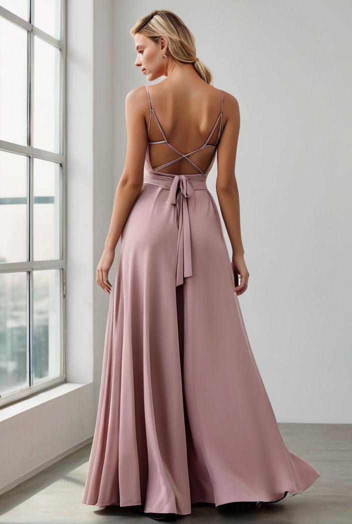 pleated v neck spaghetti strap high slit bridesmaid dress 128183