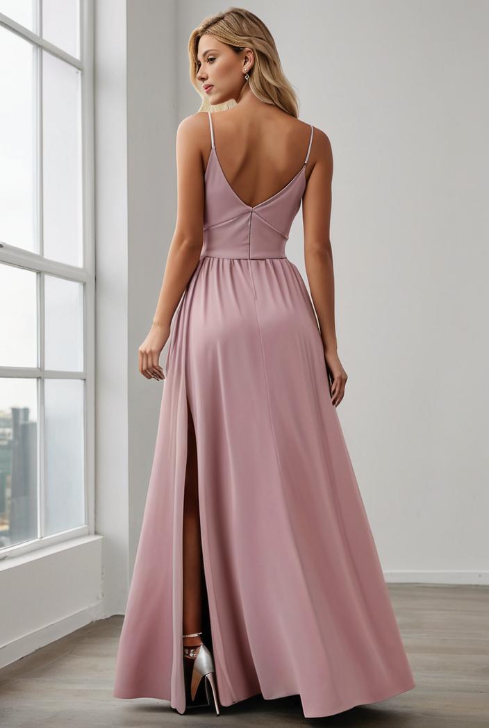 pleated v neck spaghetti strap high slit bridesmaid dress 128184