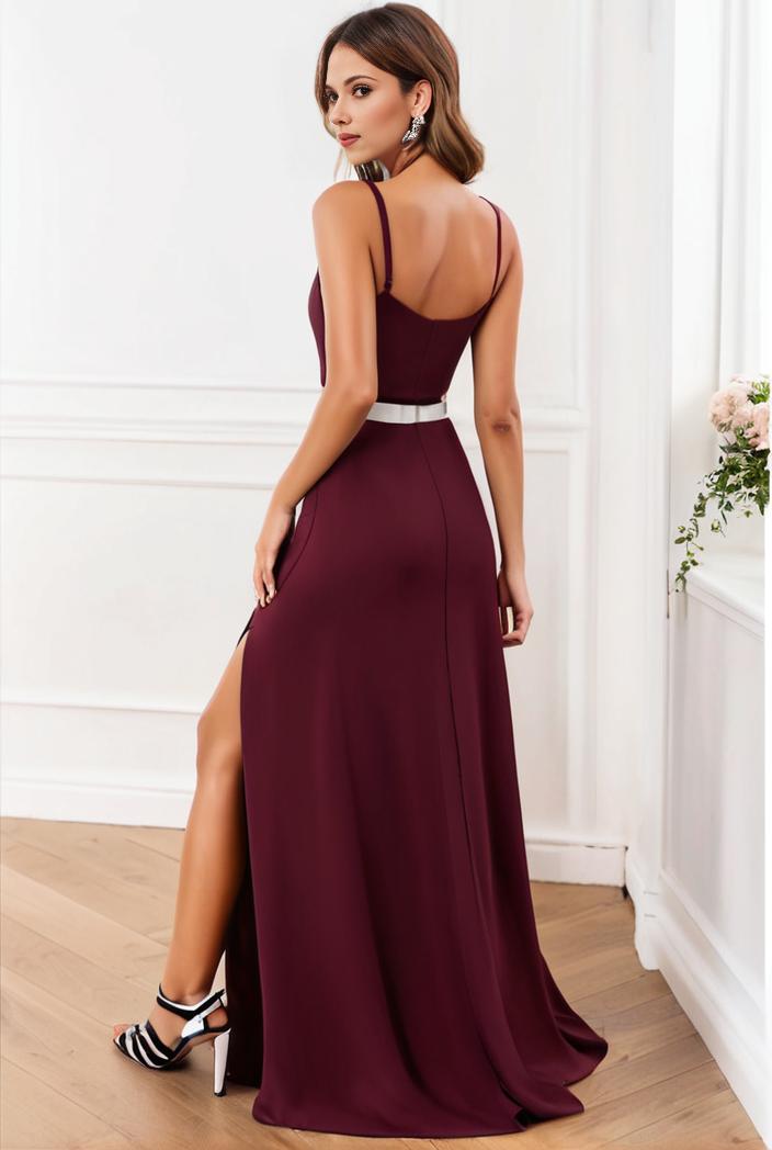 pleated v neck spaghetti strap high slit bridesmaid dress 128185