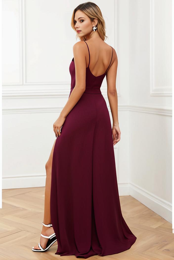 pleated v neck spaghetti strap high slit bridesmaid dress 128186