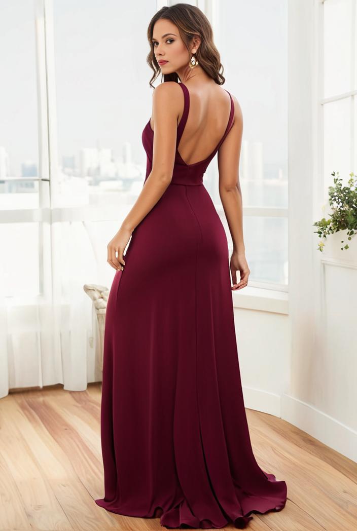 pleated v neck spaghetti strap high slit bridesmaid dress 128188