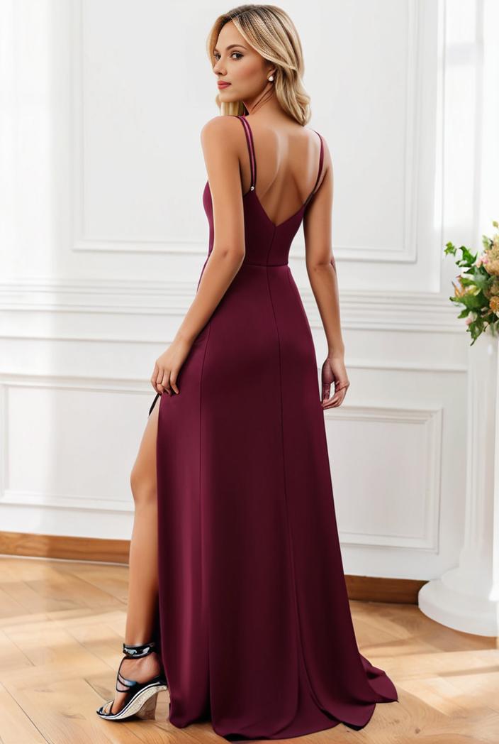 pleated v neck spaghetti strap high slit bridesmaid dress 128189