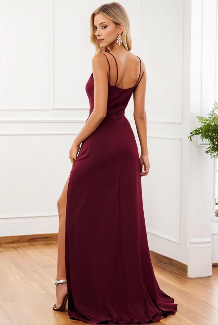 pleated v neck spaghetti strap high slit bridesmaid dress 128191