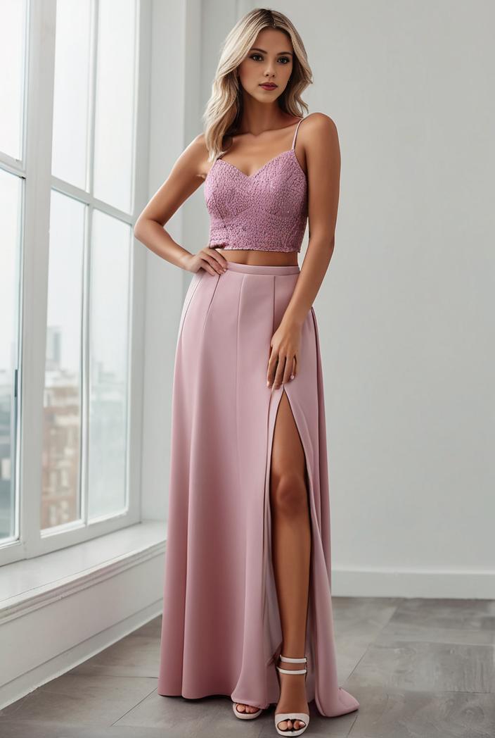 pleated v neck spaghetti strap high slit bridesmaid dress 128202