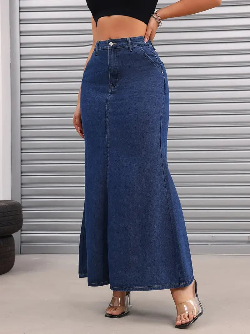 Versatile Women's Denim Maxi Skirt with Slant Pockets