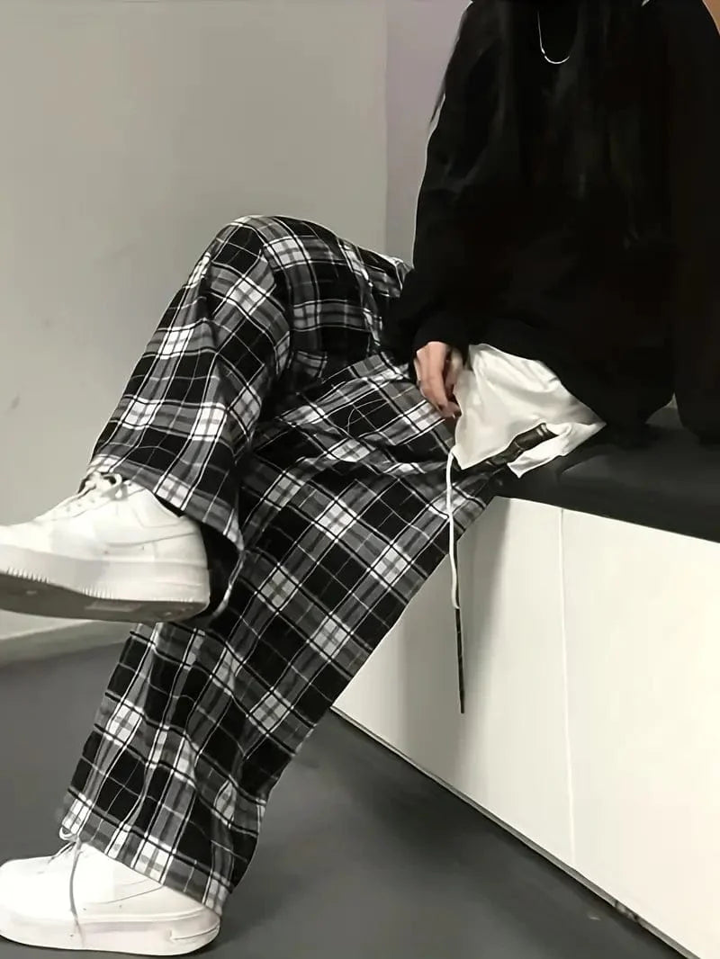 Plaid Drawstring Trousers with Straight Legs: Relaxed Fit Bottoms Ideal for Spring & Autumn, Women's Fashion
