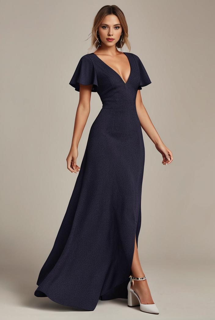 glitter high low front side slit ruffled v neck evening dress 122726