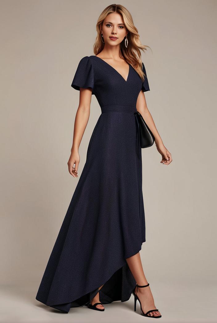 glitter high low front side slit ruffled v neck evening dress 122729