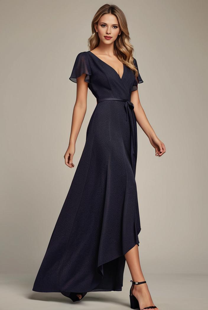 glitter high low front side slit ruffled v neck evening dress 122731