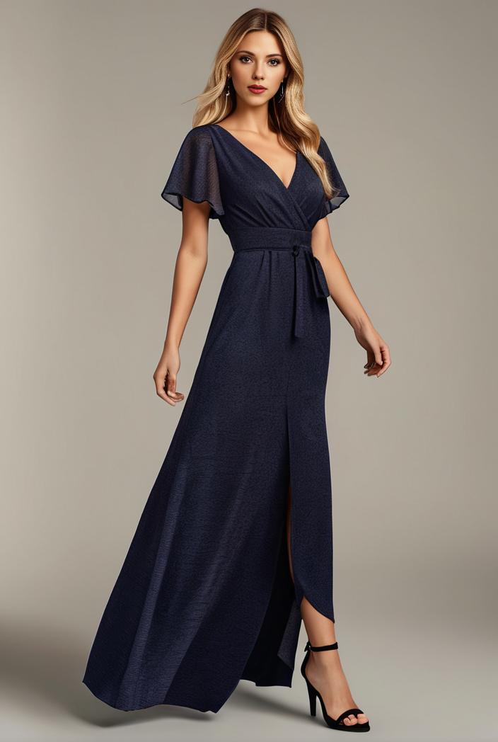 glitter high low front side slit ruffled v neck evening dress 122732