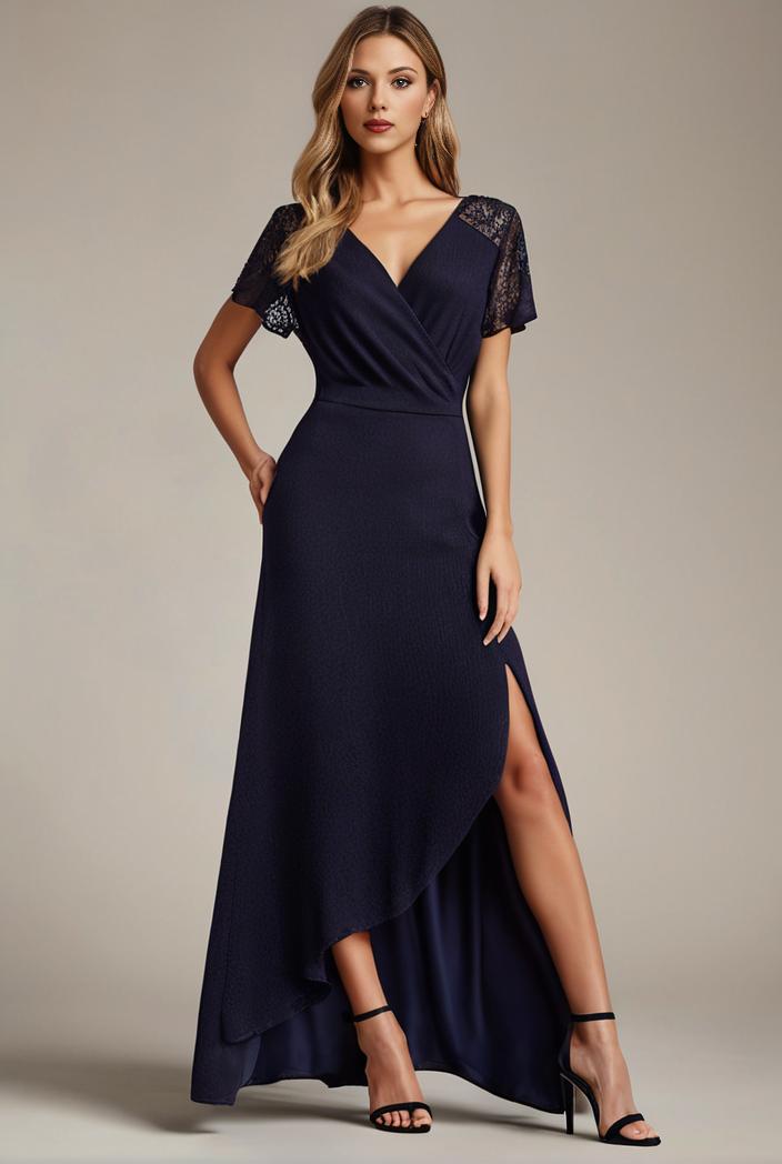 glitter high low front side slit ruffled v neck evening dress 122736