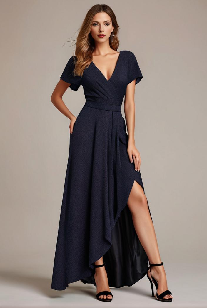 glitter high low front side slit ruffled v neck evening dress 122737
