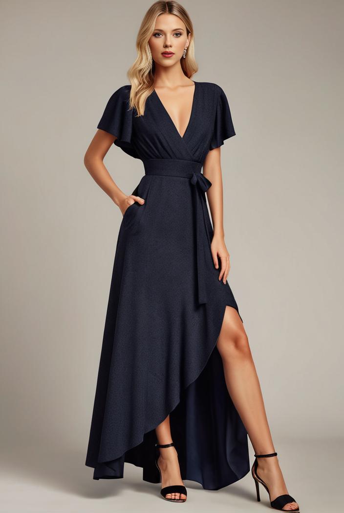 glitter high low front side slit ruffled v neck evening dress 122738