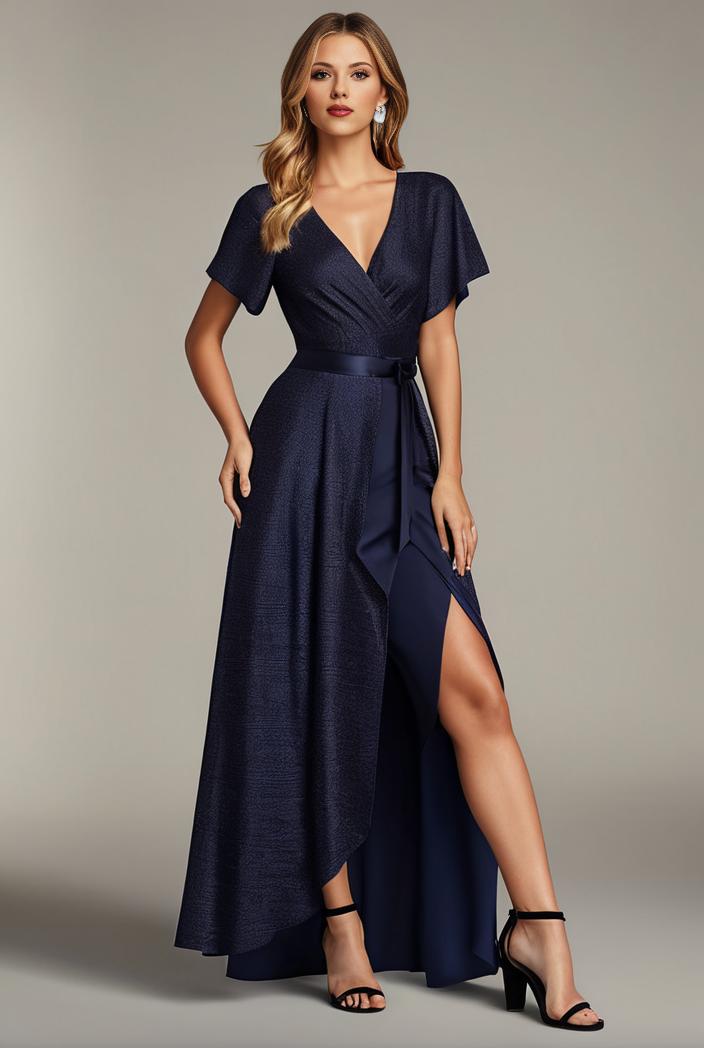 glitter high low front side slit ruffled v neck evening dress 122740