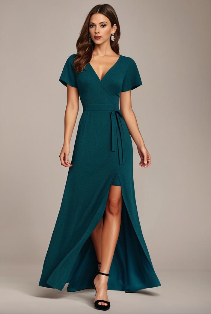glitter high low front side slit ruffled v neck evening dress 122743