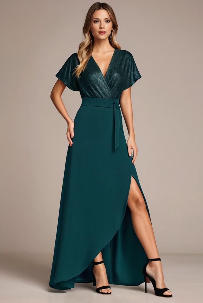 glitter high low front side slit ruffled v neck evening dress 122783