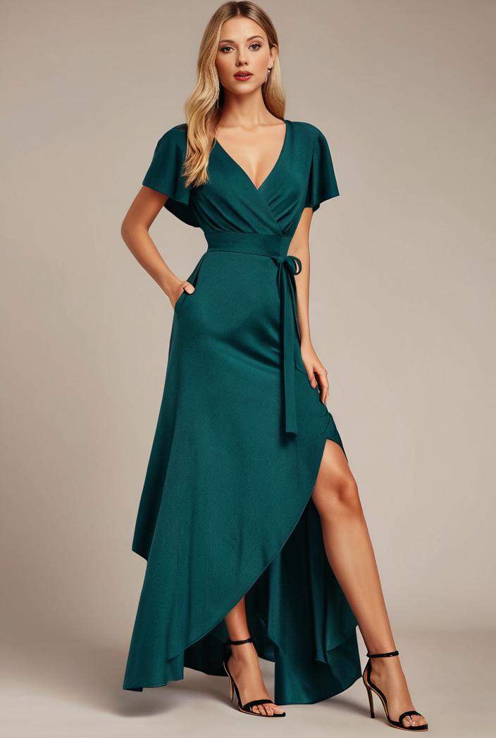 glitter high low front side slit ruffled v neck evening dress 122788
