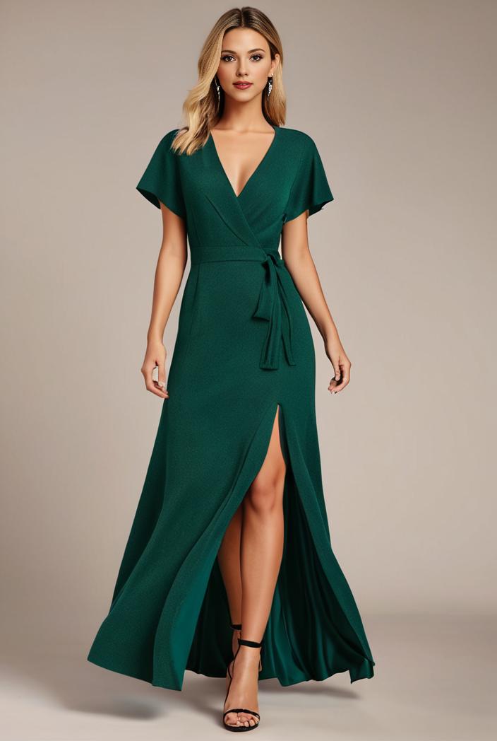 glitter high low front side slit ruffled v neck evening dress 122802