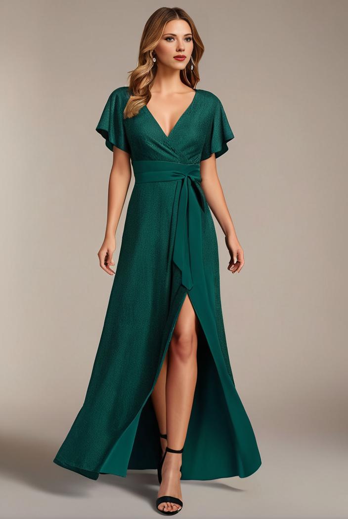 glitter high low front side slit ruffled v neck evening dress 122804