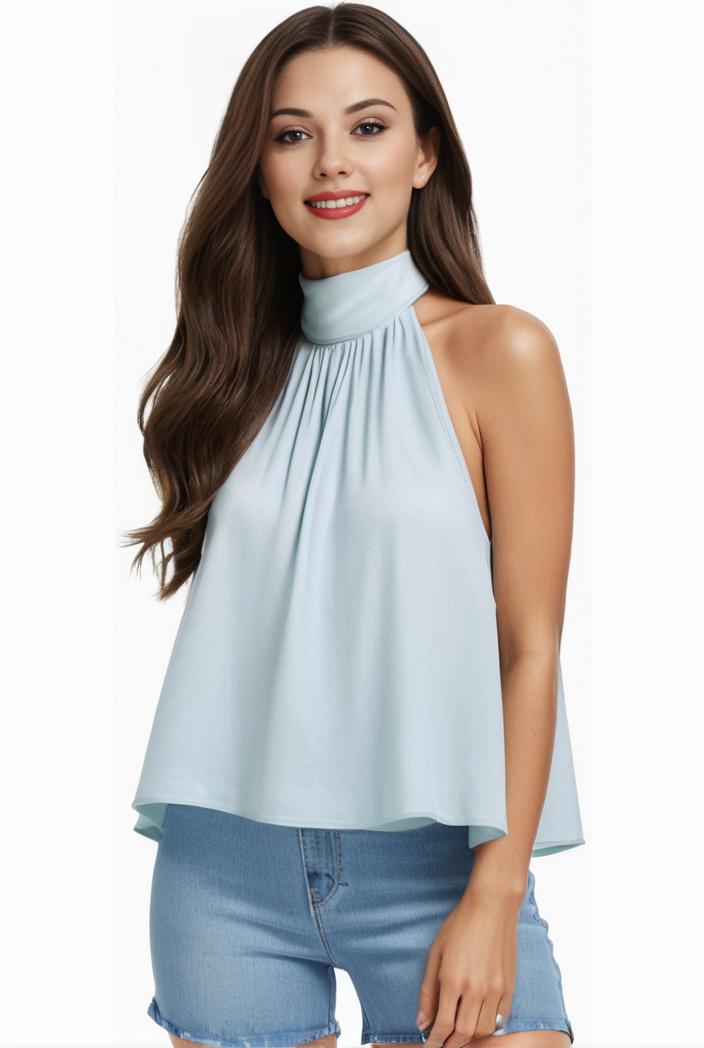mock neck ruched ruffles sleeveless casual top 126311