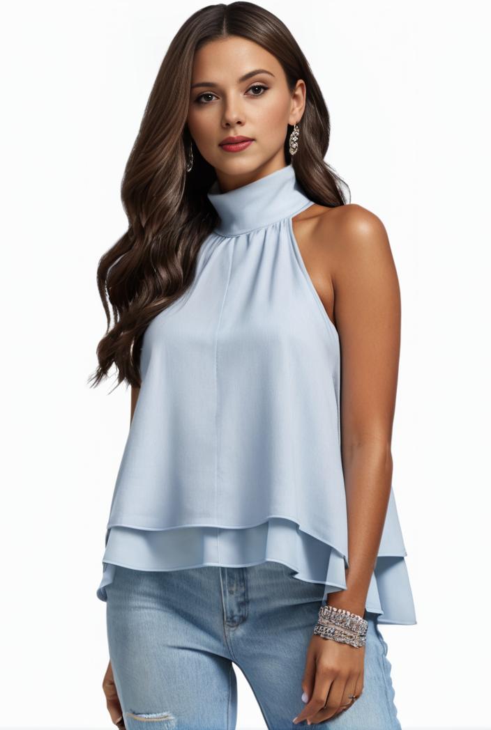 mock neck ruched ruffles sleeveless casual top 126312